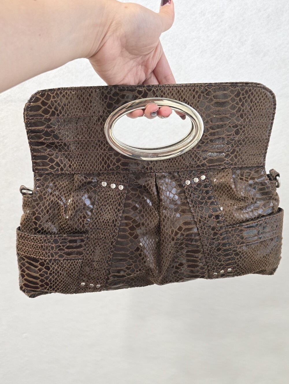 Brown Faux Croc Clutch with Silver Oval Handle